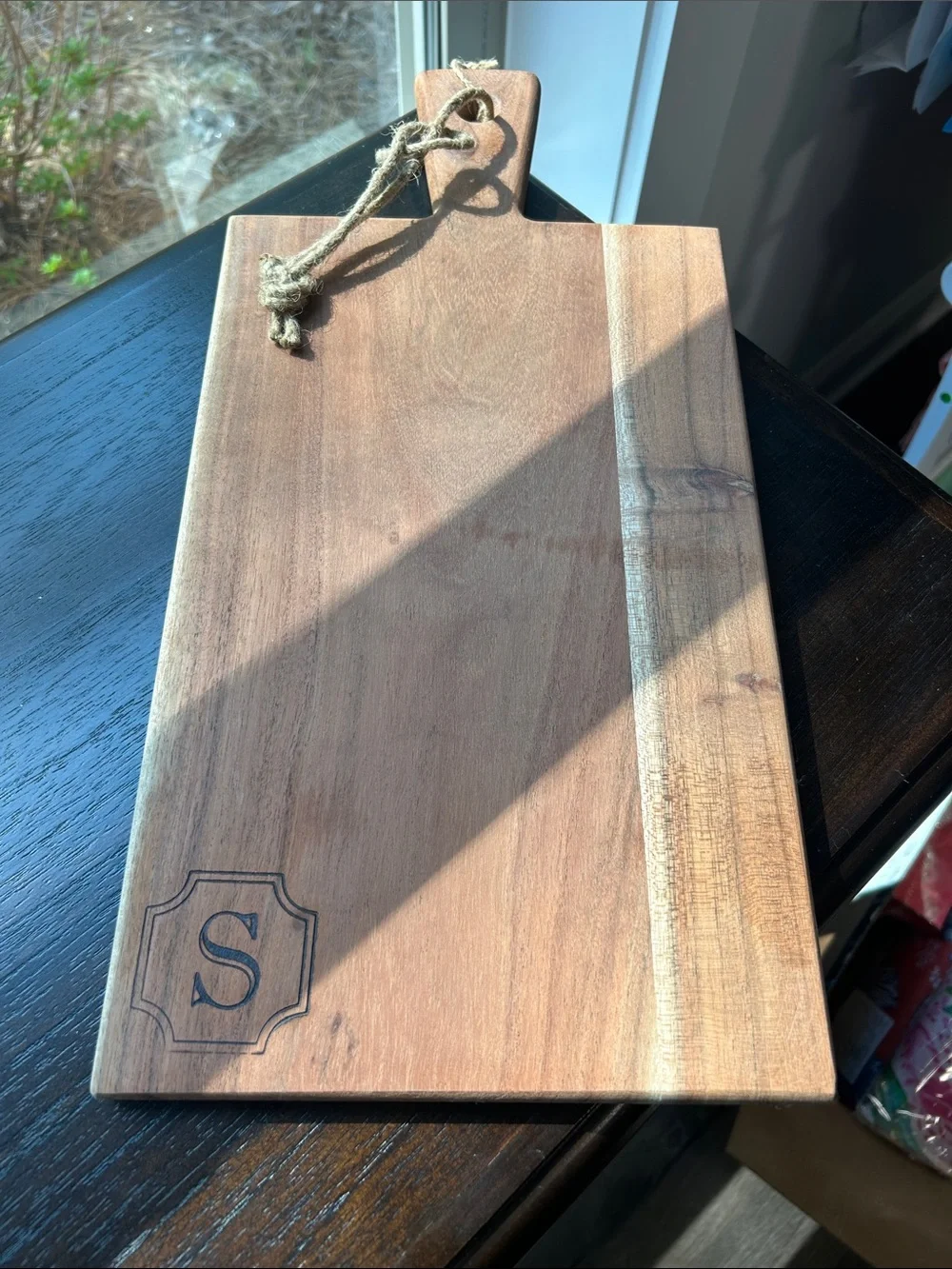 Monogrammed Wooden Serving/Charcuterie Board with Rope Handle - S.